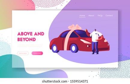 Automobile Purchase Website Landing Page. Man Buyer or Seller Holding Keys in Hand Standing near New Car Wrapped with Bow. Customer or Salesman Deal Web Page Banner. Cartoon Flat Vector Illustration