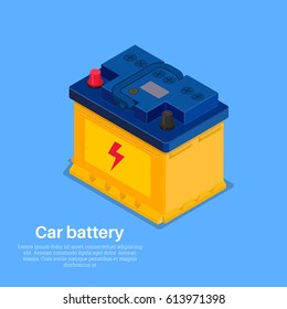 Automobile rechargeable battery. A vector illustration in 3D style. Isometric projection. Design element. Accumulator