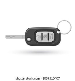 Automobile remote folding key with a ring.Modern key of the lock of ignition with a shadow.Flat style. Vector illustration.