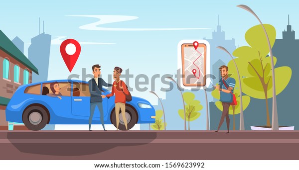 Automobile renting flat vector illustration. Young\
friends and auto dealer cartoon characters. Car sharing service\
concept. People leasing auto for road trip, planning route with\
navigation app