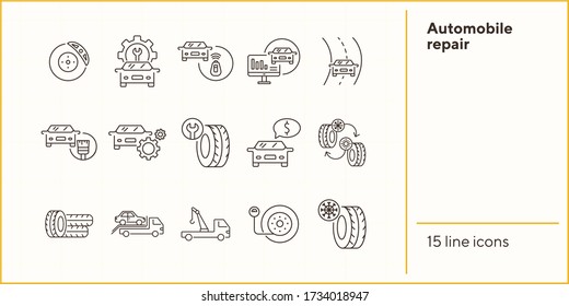 Automobile repair line icons. Set of line icons. Accumulator, evacuation, pressure. Car repair concept. Vector illustration can be used for topics like car service, business, advertising