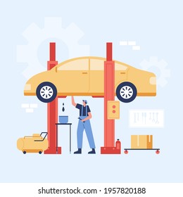 Automobile repair and maintenance service concept vector illustration. Employees are checking and repairing cars in the garage. vector illustration flat design