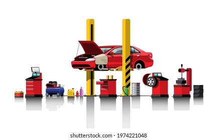 Automobile repair and maintenance service concept vector illustration. waiting for checking and repairing cars in the garage. vector illustration flat design