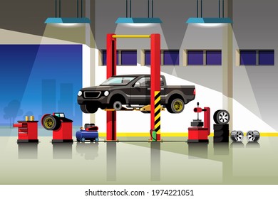 Automobile repair and maintenance service concept vector illustration. waiting for checking and repairing cars in the garage. vector illustration flat design