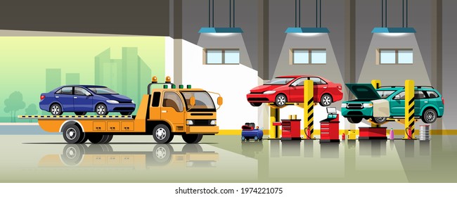 Automobile repair and maintenance service concept vector illustration. waiting for checking and repairing cars in the garage. vector illustration flat design