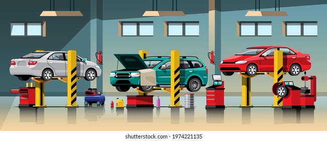 Automobile repair and maintenance service concept vector illustration. waiting for checking and repairing cars in the garage. vector illustration flat design