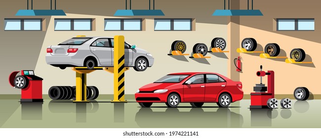 Automobile repair and maintenance service concept vector illustration. waiting for checking and repairing cars in the garage. vector illustration flat design