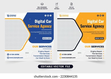 Automobile repair service social media post design for business promotion. Car repair and maintenance service template vector with yellow and blue colors. Vehicle management and cleaning service.