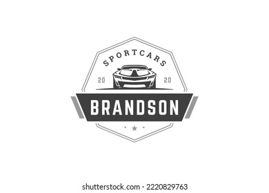 Automobile repair service store salon garage vintage geometric logo design template with award ribbon vector illustration. Car transportation mechanic maintenance restore premium quality mark