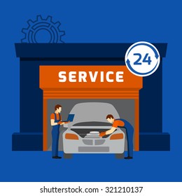 Automobile repair shop and 24 hours auto mechanic garage car maintain service flat banner abstract vector illustration