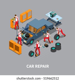 Automobile repair shop with  car undergoing maintenance service in garage isometric composition poster print abstract vector illustration 