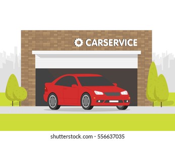 Automobile repair shop garage. The car on background of brick building. Urban space in the background