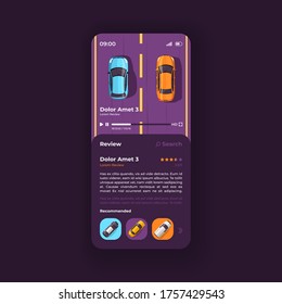 Automobile review smartphone interface vector template. News for drivers mobile app page dark design layout. Car preview screen. Flat UI for application. Video and description on phone display