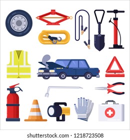 Automobile road emergency kit. Car repair and safety tools. Vector flat illustration. svg