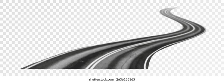 Automobile road, two-lane curved asphalt road going into the distance on a transparent background. Realistic highway going into the horizon, vector, png.	
