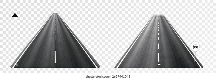 Automobile road, two-lane curved asphalt road going into the distance on a transparent background. Realistic highway going into the horizon, vector, png.	