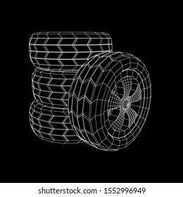 Automobile rubber car wheel tire and rim. Wireframe low poly mesh vector illustration. Auto service repair concept.