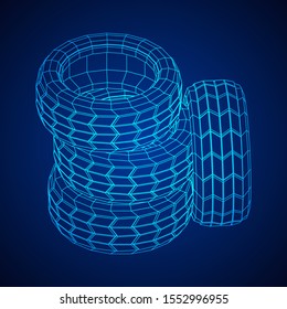 Automobile rubber car wheel tire and rim. Wireframe low poly mesh vector illustration. Auto service repair concept.