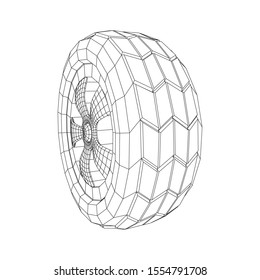 Automobile rubber car wheel tire and rim. Wireframe low poly mesh vector illustration. Auto service repair concept.