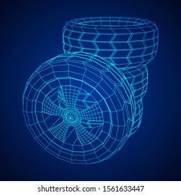 Automobile rubber car wheel tire and rim. Wireframe low poly mesh vector illustration. Auto service repair concept.