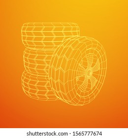 Automobile rubber car wheel tire and rim. Wireframe low poly mesh vector illustration. Auto service repair concept.