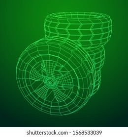 Automobile rubber car wheel tire and rim. Wireframe low poly mesh vector illustration. Auto service repair concept.