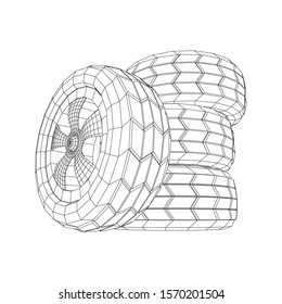 Automobile rubber car wheel tire and rim. Wireframe low poly mesh vector illustration. Auto service repair concept.