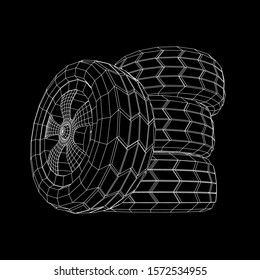 Automobile rubber car wheel tire and rim. Wireframe low poly mesh vector illustration. Auto service repair concept.