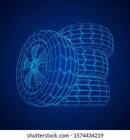 Automobile rubber car wheel tire and rim. Wireframe low poly mesh vector illustration. Auto service repair concept.