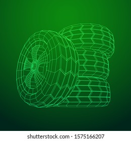 Automobile rubber car wheel tire and rim. Wireframe low poly mesh vector illustration. Auto service repair concept.