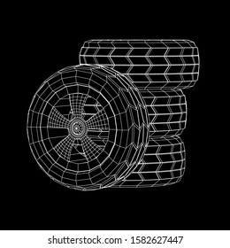 Automobile rubber car wheel tire and rim. Wireframe low poly mesh vector illustration. Auto service repair concept.