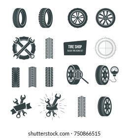 Automobile rubber tire shop logotype. Black tire icons logo set. Car wheels, wrenches, service and maintenance icons, tire repair, swapping, wheel replacement, car diagnostics. Vector illustration