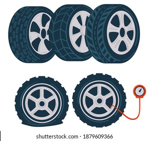 Automobile rubber tires with tracks, isolated icons of car tyres and special equipment for measuring pressure. Wheels for automobile, maintenance and mechanics services. Vector in flat style