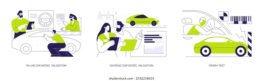 Automobile safety testing abstract concept vector illustration set. In-lab and on-road car model validation, crash test, engineers in laboratory, vehicle manufacturing industry abstract metaphor.