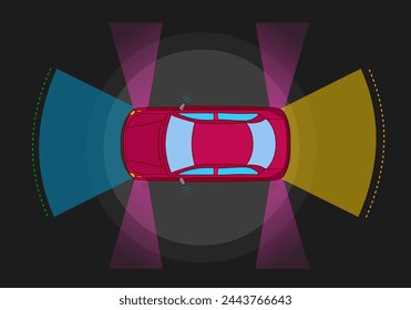 Automobile sensors, car use self driving, camera data. Radar, LIDAR autonomous extensible DSP driverless vehicle. Vector illustration
