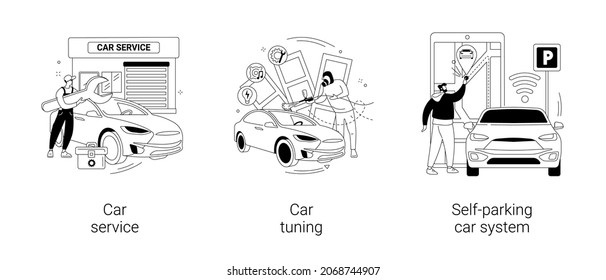 Automobile service abstract concept vector illustration set. Car service, vehicle tuning, self-parking car system, smart driverless technology, auto diagnostics, body shop abstract metaphor.