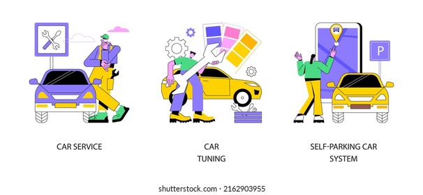 Automobile Service Abstract Concept Vector Illustration Set. Car Service, Vehicle Tuning, Self-parking Car System, Smart Driverless Technology, Auto Diagnostics, Body Shop Abstract Metaphor.