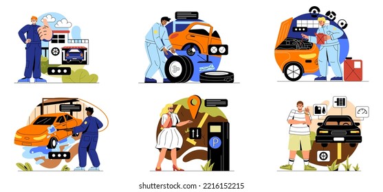Automobile service. Auto mechanic diagnoses car engine, repairs breakdowns, changes oil and tires. Vehicle washing, refueling and garage parking. Cartoon flat vector collection isolated on white