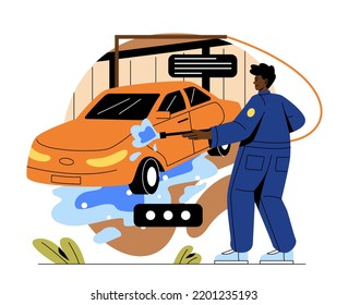 Automobile service concept. Male car wash employee in uniform washes customer car with detergents, foam and water. Cleansing and removing dirt. Cartoon flat vector illustration in doodle style