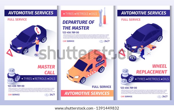 Automobile Service Editable Brochure. Set of\
Master Call Flyers with Telephone Number, Place for Text. Promotion\
Posters Offers Spare Parts for Sale and Wheel Replacement. Vector\
3d Illustration