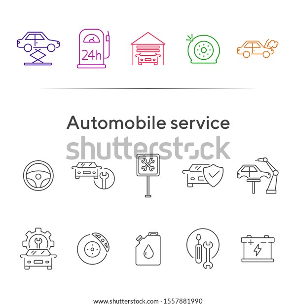 Automobile service icons.\
Set of line icons. Wheel, car lift, accumulator. Car repair\
concept. Vector illustration can be used for topics like car\
service, business,\
advertising