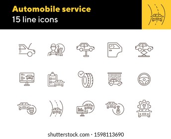 Automobile service line icons. Set of line icons. Car shower, diagnostic, lift. Car repair concept. Vector illustration can be used for topics like car service, business, advertising