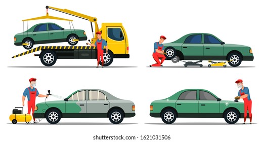 Automobile service set. Emergency help and maintenance. Tow truck, tire and wheel replacement, painting, polishing. Auto dealership industry. Car workshop and repair. Vector illustration