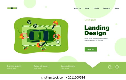 Automobile service team working on car, washing and polishing vehicle, changing wheels. Vector illustration for car maintenance, repairing crashed car, garage, mechanic service station concept