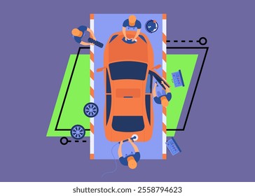 Automobile service team working on car, washing and polishing vehicle, changing wheels. Vector illustration for car maintenance, repairing crashed car, garage, mechanic service station concept