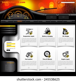 Automobile Service Website design template with dashboard, windshield in rain and service and repair related icons. Vector illustration svg