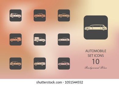 Automobile. Set of flat icons on blurred background. Vector illustration