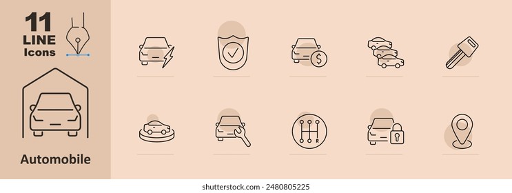 Icono de conjunto de automóvil. Coche, coche eléctrico, seguro, costo, estacionamiento, llaves, reparación, mantenimiento, transmisión, bloqueo, ubicación, vehículo, seguridad, transporte, finanzas, navegación, industria automotriz