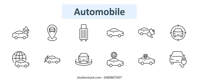 Automobile set icon. Car in garage, electric, dollar, key, steering wheel, repair, gear shift, protection, parking. Vehicles, transportation, automotive services concept.