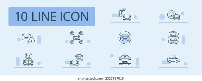 Automobile set icon. Car warning, parking, carpool, electric vehicle, car wash, car fleet, auto exchange, vehicle services, automobile, shared transport